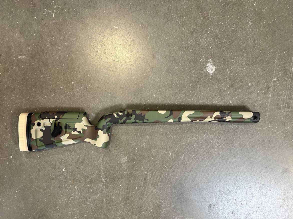 Phoenix 2 - Right Hand Rem 700 or 700 clone long action, M5, Fits any barrel.  M81 Camo w/ Desert Tan Recoil Pad