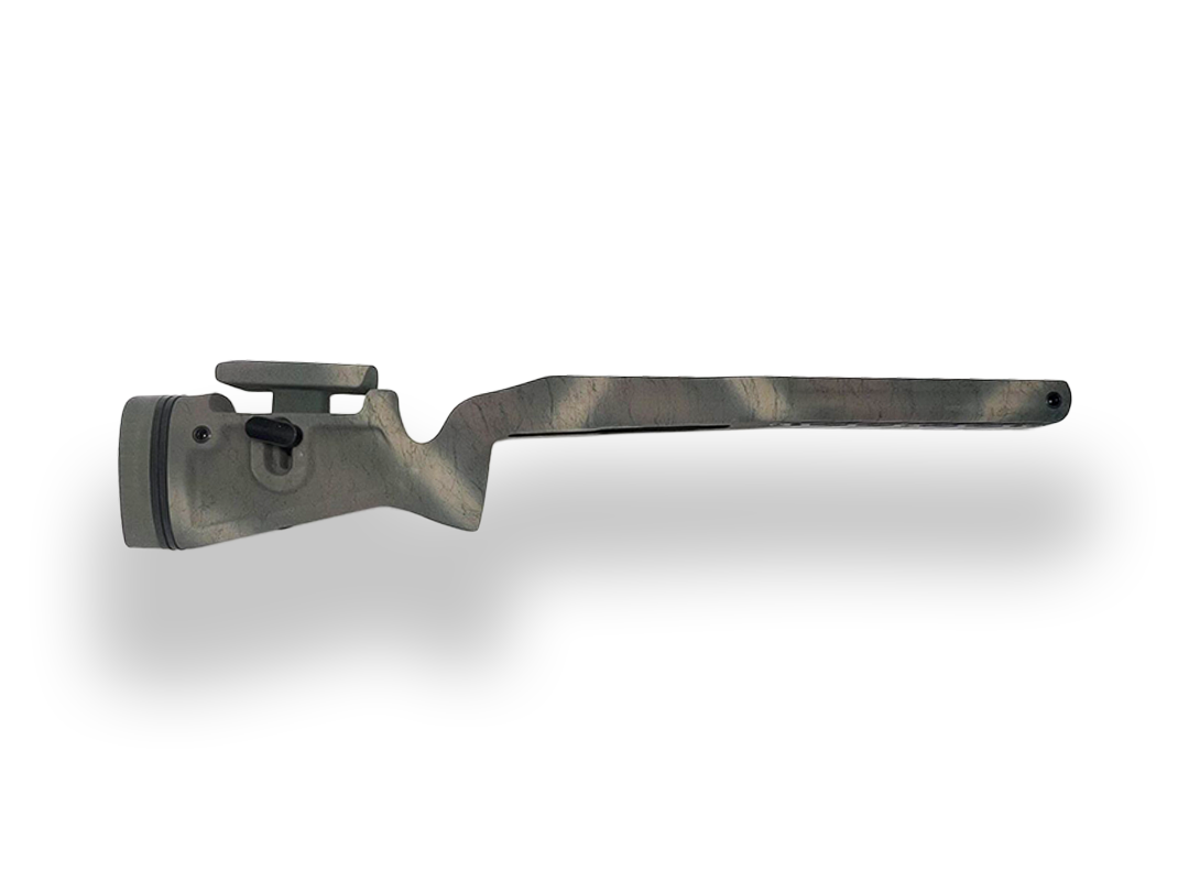 Phoenix 2 - Left Hand Rem 700 or 700 clone short action, M5, Fits any barrel.  Painted Woodland Camo w/ Olive Drab Recoil Pad